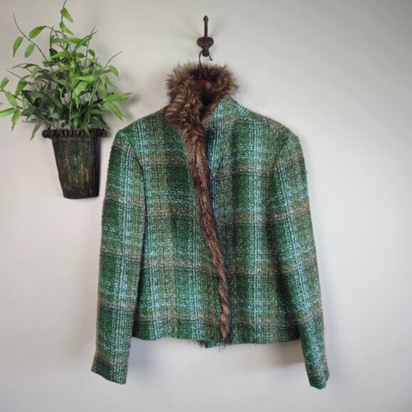 Vintage Harve Benard Fur Collared Trim Wool Blend Green Tweed Blazer Jacket 6 - Picture 2 of 15